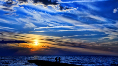 lovers paradise at sunset - couple, clouds, sunset, shore, sea