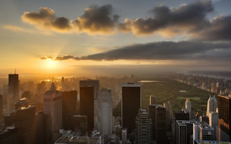 sunset on central park nyc - haze, sunset, skyscrapers, city, park