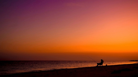 fishing in comfort at gorgeous sunset - chair, beach, fisherman, color, sunset, sea