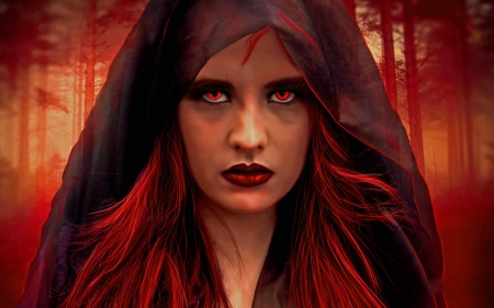 Fire - red eyes, redhead, red, hood, fire