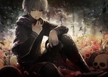 Tokyo Ghoul - ghoul, evil, light, white hair, monster, black eyes, horror, anime boy, bones, darkness, red eyes, scrary, manga, white, lights, cloths, ken, blood, anime, awesoem, dark, skull, scary, kaneki ken, male, short hair, mask, red, game, cool, black, smile, awesome, tokyo ghoul, smiley