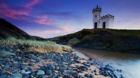 creek by a lovely  lighthouse in scotland - hills, lighthouse, creek, stones, sky, bridge