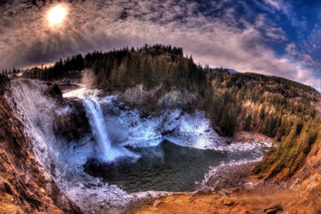 Waterfall - mountains, lake, tree, waterfall