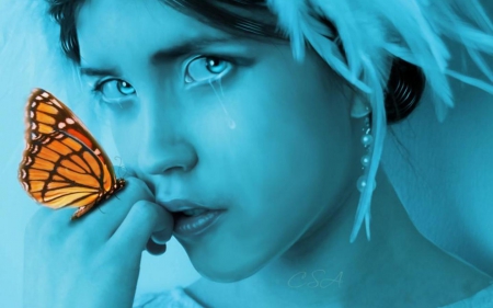 broken emotion - butterfly, girl, fantasy, blue