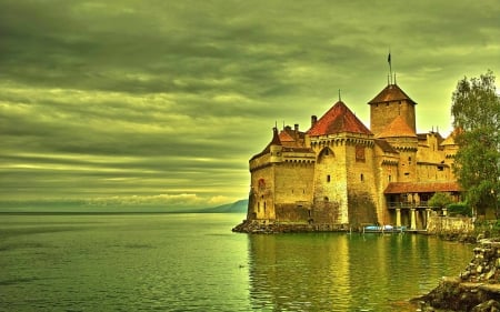 Castle - ancient, edge of the water, castle, water, green