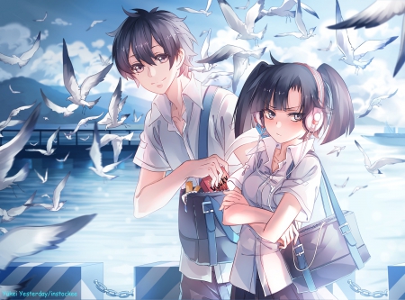 After School - pretty, bird, anime, female, scenery, dove, scene, bag, long hair, shorth hair, hd, nice, anime couple, anime girl, pigeon, beautiful, girl, feather, beauty, lovely, sweet, cg, school uniform, unifrom, student, black hair, couple