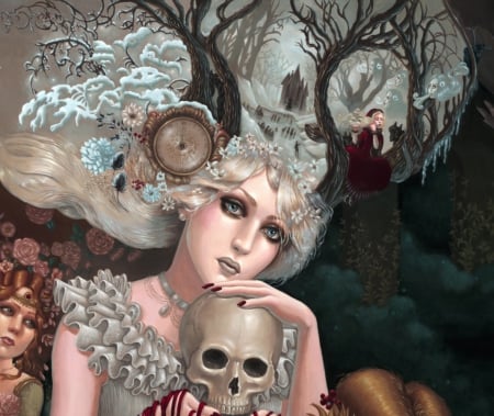 Fantasy - abstract, fantasy, lady, skull