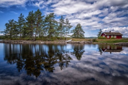 Reflection - lake, trees, reflection, shelter