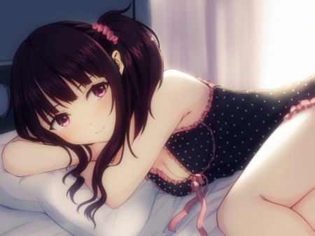 Laying Around - nice, beauty, bed, female, anime girl, black hair, laying, pretty, anime, maiden, lady, lying, girl, long hair, lay, lovely, cg, hd, beautiful, sweet, bedroom, dress