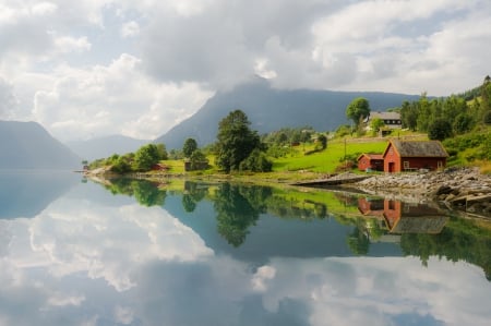 Norway - norway, houses, lake, blue, photo