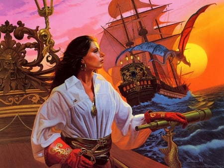 Ship of Destiny - sunset, pirates, woman, artwork, sun