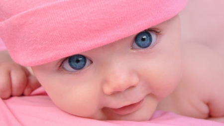 Cute Blue Eyes - pink color, happy baby, children, big beautiful blue eyes