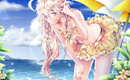 Summer Holiday - anime, anime girl, vocaloid, water, beach, beautiful, hot, girl, wet, beauty, long hair, braids, ia, bikini, vocaloids, sexy