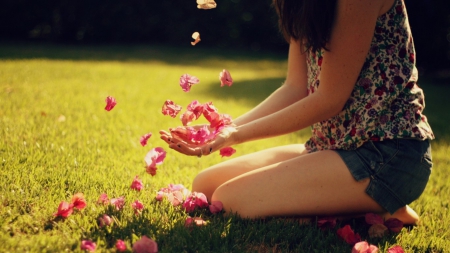 Nature And Life - mood, girl petals, summer, light, rays, background, day, pictures, sun