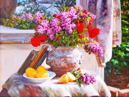 The perfect setup - bouquet, perfect, still life, painting, art, pretty, setup, garden, harmony, fruits, yard, lovely, vase, cozy, beautiful, lemons, flowers