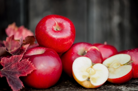 Apples - leaves, apples, red, fruit