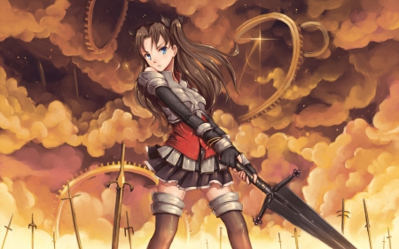 Toosaka Rin - fate, rin, girl, long hair, anime, sword