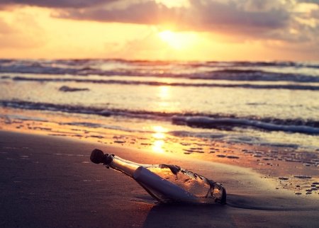 Message in a Bottle 2 - beach, bottle, sunrise, waves