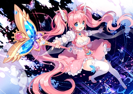 Mahou Shoujo - female, hot, wand, twintail, anime girl, anime, twin tail, sexy, girl, adorable, twintails, magical girl, long hair, pink hair, rod, gown, staff, kawaii, twin tails, weapon, mahou shoujo, dress