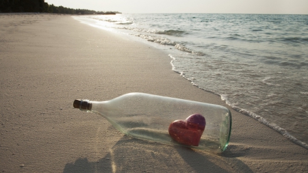 Heart in a bottle - beach, soft, shadows, hearts, beautiful, twilight, bottle, messages, sea