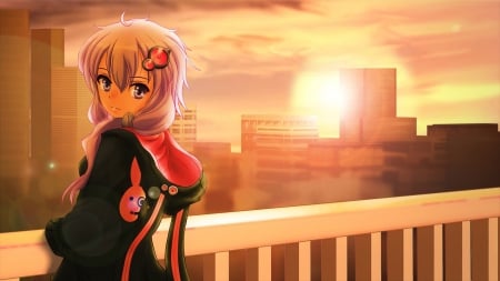 yuzuki yukari - vocaloid, anime, sunset, city, yuzuki yukari