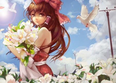 Poli Dream - pretty, bird, anime, hakurei, female, dove, blossom, shrine maiden, reimu hakurei, long hair, touhou, ribbon, reimu, nice, hakurei reimu, sky, anime girl, pigeon, beautiful, girl, beauty, lovely, brown hair, sweet, flower, lily, white, ibbon, cloud, floral