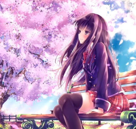 wating for you - pretty, anime, tress, sakura, school, girl, cute, uniform