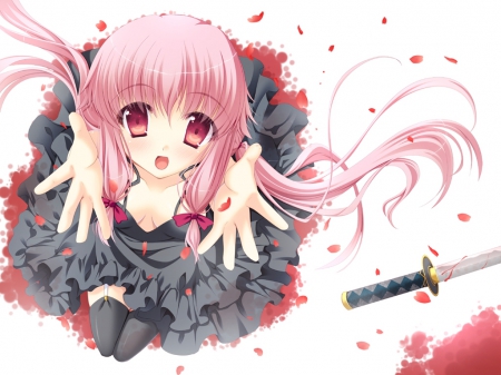 Reaching - nice, gasai yuno, female, twintail, yuno, simple, anime girl, white, red eyes, pretty, hand, katana, looking, petals, anime, sword, twin tail, mirai nikki, adorable, girl, twintails, long hair, pink hair, blood, lovely, kawaii, twin tails, plain, up, sweet, dress