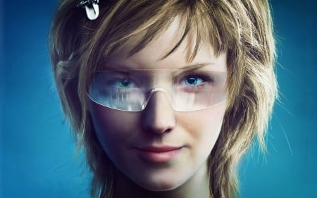 Fantasy girl - face, fantasy, glasses, blonde, eye, girl, blue