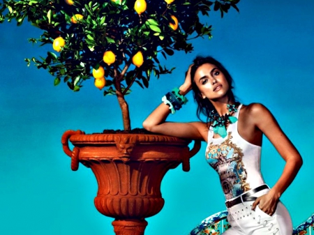 Irina Shayk - summer, blue, girl, tree, white, woman, Irina Shayk, model, lemon