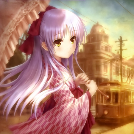 Old Time - nice, female, kanade, anime girl, train, home, pretty, umbrella, kanade tachibana, anime, angel beats, house, kimono, scene, retro, building, tachibana, girl, long hair, purple hair, lovely, town, yukata, city, sweet, tachibana kanade