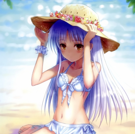 Straw Hat - cute, kanade tachibana, beautiful, angel beats, anime girl, girl, kanade, hat, bikini, pretty, kawaii, beauty, sweet, tachibana kanade, anime, purple hair, straw hat, long hair, tachibana, nice, lovely, female, swimsuit, yellow eyes