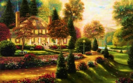 country cottage - painting, cottage, art, beautiful, tree, garden, country