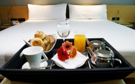 Breakfast in Bed - bread, bed, juice, food, cup