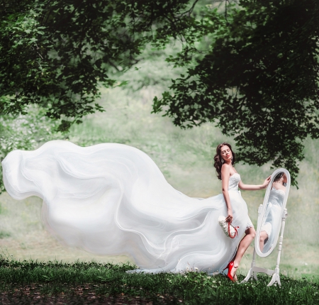 Bride - beauty, woman, dress long, mirror, femininity, red shoes, bride