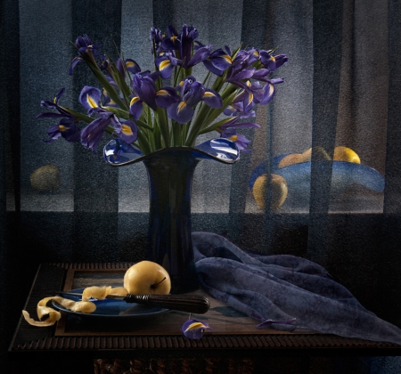 Blue noon ... - flowers, vase, apple, blue noon, reflection, still life