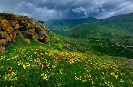 Mountainscape - greenery, clouds, carpet, summer, beautiful, landscape, slope, grass, meadow, lovely, mountain, wildflowers, view, sky, rocks