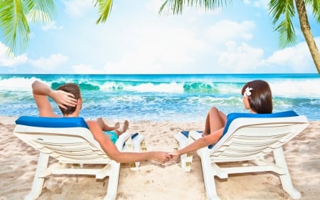 together at the beach - coast, beach, island, guy, man, sand, boy, isle, shore, SkyPhoenixX1, holiday, paradise, tropic, sky, sun, clouds, sunlounger, palms, vacation, girl, sea, sunshine, together, ocean, tropical, woman, waves