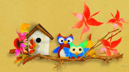 Owls - house, owls, Birds, autumn