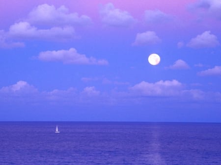 Enchanted Evening with Full Moon - nature, beaches, moon, sky, blue, clouds