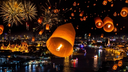 Japanese Lantens in the Sky - sky, lake, lanterns, ships, night, city, water, fireworks