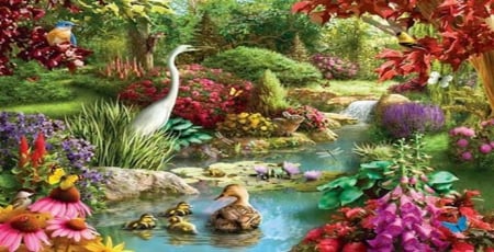 country garden life - flowers, stream, rabbit, ducks