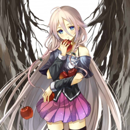 Forbidden Fruit - nice, beauty, female, miniskirt, anime girl, gloom, pretty, anime, blouse, apple, skirt, gloomy, girl, sad, long hair, pink hair, lovely, fruit, vocaloids, sorrow, vocaloid, beautiful, sweet, dress, ia