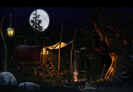 A Gypsy Camp - moon, wagon, stars, fire