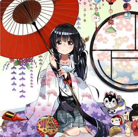 Kimono Chan - cute, beautiful, anime girl, adorable, girl, umbrella, oriental, japan, pretty, kawaii, beauty, sweet, anime, yukata, hd, cg, long hair, nice, lovely, black hair, kimono, female, japanese