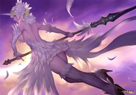 White Phoenix - lance, hot, anime girl, white, fantasy, weapon, cloud, feather, high heels, heels, anime, hd, dress, sky, spear, cg, fantasy girl, sexy, realistic