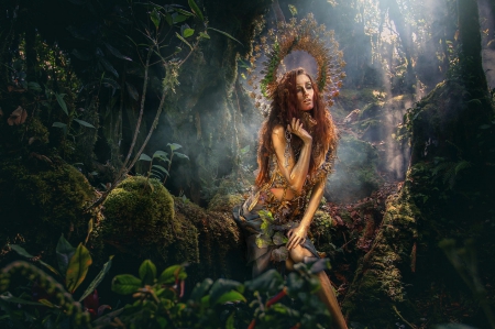 Golden Lady - woman, golden, fantasy, forest