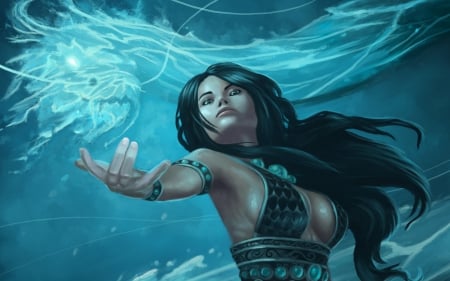 Sorceress - water, spirit, game, girl, blue, art, fantasy, dragon, sorceress, woman