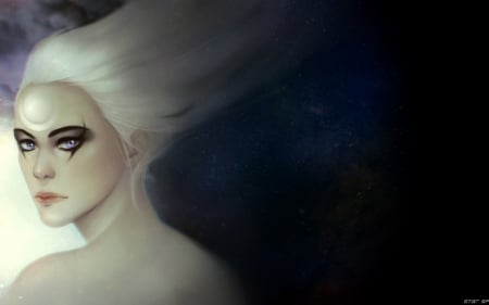 Diana - woman, girl, diana, black, fantasy, white, face, art, league of legends