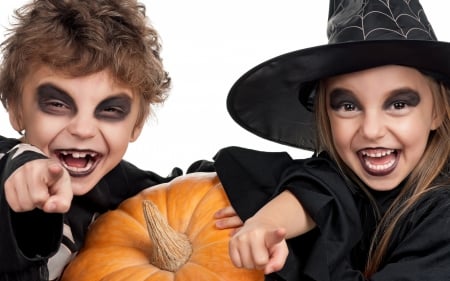 Trick or treat? - copii, child, cute, black, happy, halloween, pumpkin, white, witch, hat, smile, orange, vampire, boy